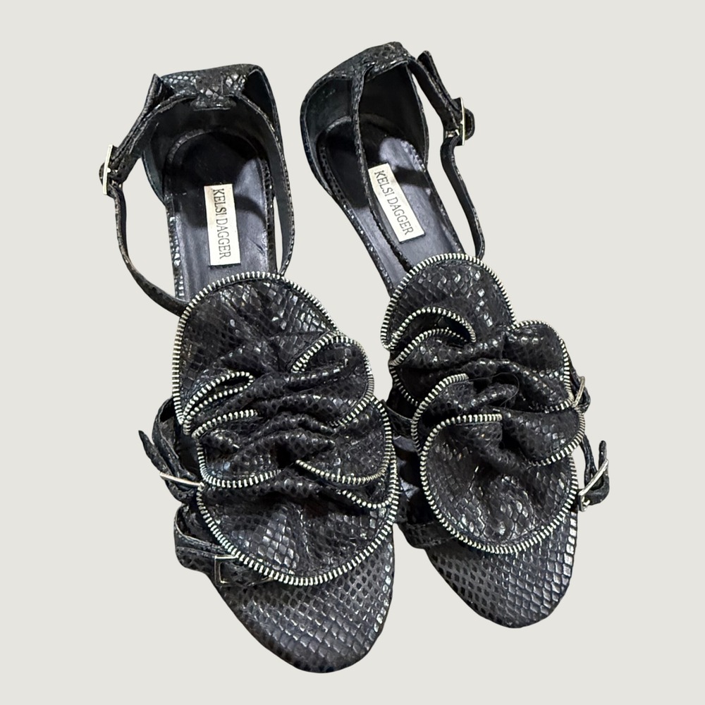 Kelsi Dagger Black Snakeskin Embossed Zipper Ruffle Flat Sandals Womens